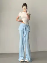 フレアヨガパンツ レディース フェイクレイヤード パッチワーク フリル 紐結び 高ストレッチ ヒップアップ スリム 着痩せ スポーツ カジュアル