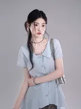 不規則な裾デザインのショートスリーブシャツ【天青空ブルー・幾何学模様】