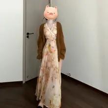 フラワープリントのロングドレス【秋用・新中式・高級感】（セットアップ対応）
