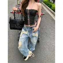 ウォッシュ加工の破れデザイン広幅デニムパンツ【高腰・レトロスタイル・秋用】