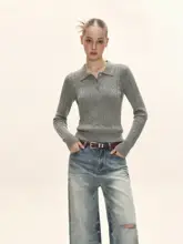ポロ襟デザインの春用フィットニットトップス【女性用・ウエストシェイプ】