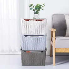 厚手のふた付き収納ボックス【プラスチック製・テーブル用・通気性・編み込み風】