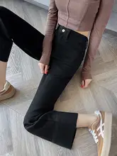 黒色ストレートデニムパンツ【女性用・ルーズフィット・梨型シルエット・カジュアル・ロールアップ】