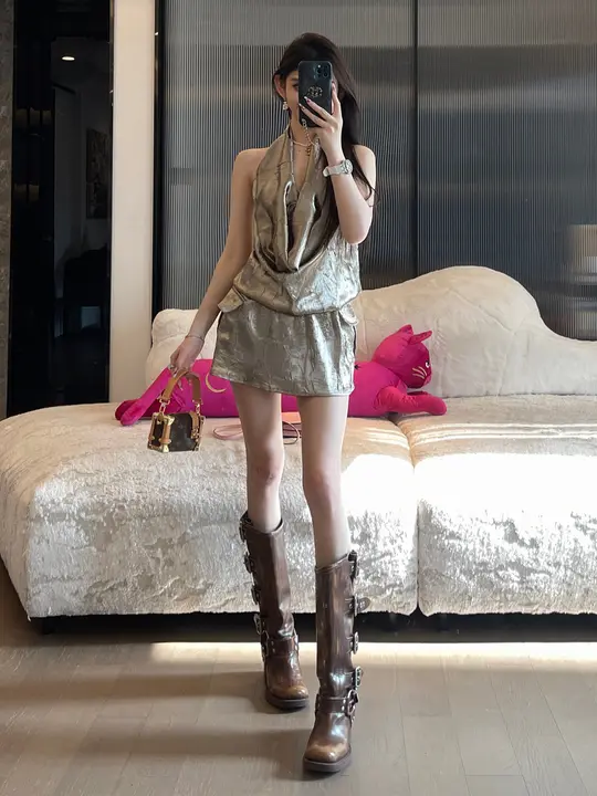 ChiclyNana キャミソールデザインのレトロなネックレス付きウエストタイトワンピース