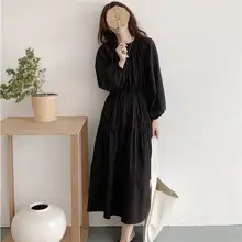 ドレス 女性 春夏 ルーズ 長袖 しわ加工 パッチワーク フランス風 ウエスト絞り スリム エレガント