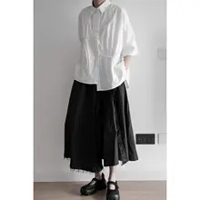 鹿人デザイン 不対称プリーツ クールなゆったりフィットショートスリーブシャツ