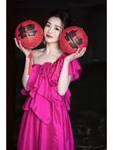 マゼンタ色 しわ加工 ワンピース 女性 ウェディング ドレス