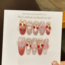 可愛らしい桜桃型デザインの手作り着用ネイルチップ【中長丈・リボン付き】