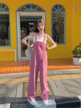 粉色のカジュアルデニムサロペットパンツ【春秋用・ストレートデザイン・女性用】