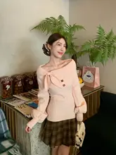 ニット レディース ピンク うさ耳リボン ワンショルダー ガーリー 一枚で 春 秋「morning bloom」