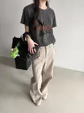 アメリカンレトロプリントの洗い加工グレーゆったり落ち肩Tシャツ