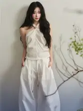 白色天竺ニットの結び付きノースリーブトップス【コットンリネン・ワイドパンツ・夏用】（セットアップ対応）