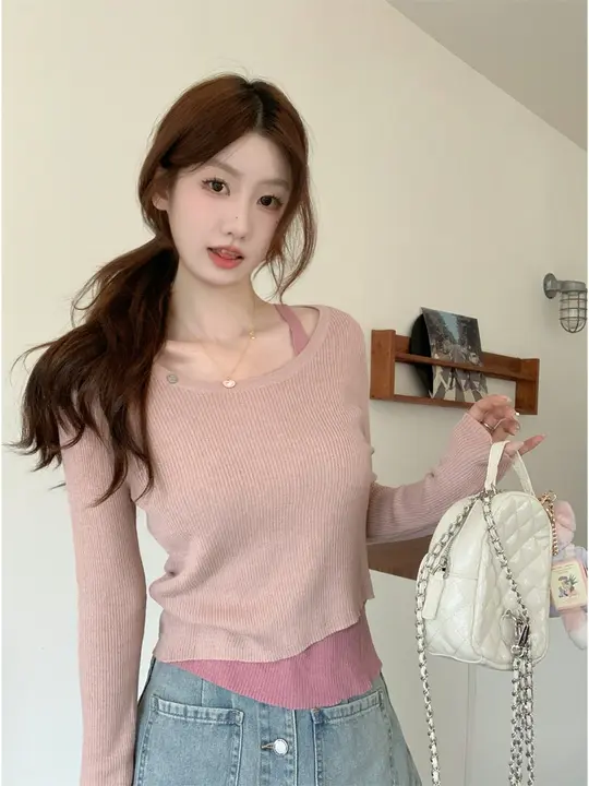 秋冬向け カラーコンビネーション クルーネック スリムフィット ニットトップス【長袖・スタイリッシュ】（セットアップ対応）