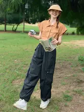 夏用 レディース ワイドレッグ ポケット付き 抽绳工装パンツ【速乾・フィット】