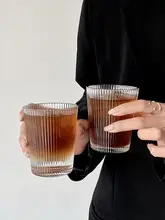 ガラスカップ 日常使用 アイスアメリカーノ 牛乳 ティーカップ 家庭用飲料カップ シンプルな日本スタイル ストライプデザイン