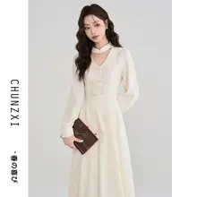 新中式デザインのロングスリーブワンピース【春秋用・優しい雰囲気】