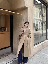 77store カーキ色 レディーストレンチコート【ダブルブレスト・ウエスト絞り・ミドル丈・ゆったりフィット】