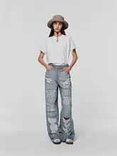 穴あきストレートジーンズ 女性 夏季 ストリート系 補修
