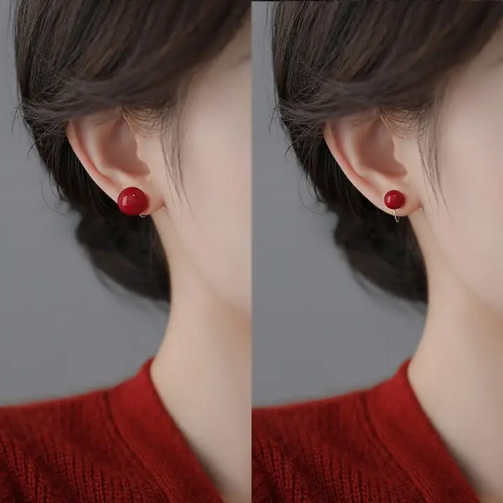 高級感のあるレトロな赤いパールイヤリング【穴あけ不要・新年用・女性用】