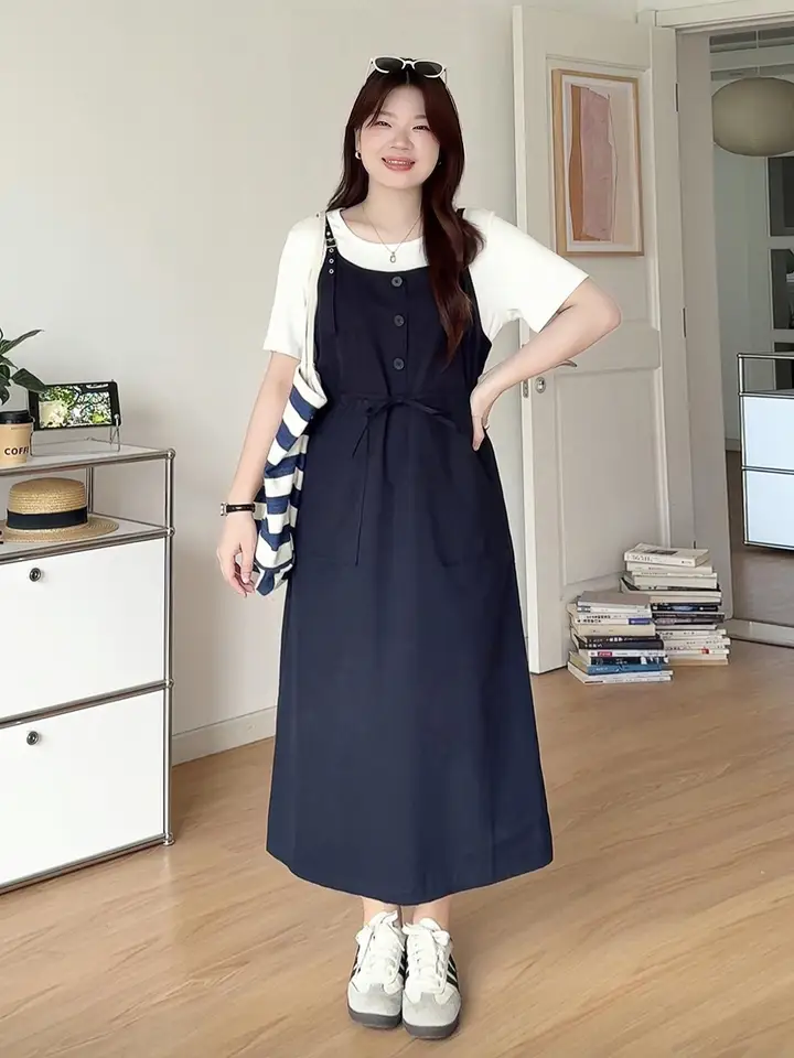 夏用 シンプルなデザインのTシャツ付きサロペットスカート【大きいサイズ・半袖】（セットアップ対応）
