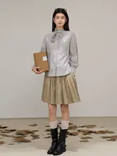 カーキ色ハイウエストひだスカート【女性用・秋新作・Aライン・ミニ丈】
