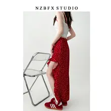 大きいサイズ レディース 不規則フリルデザインのハイウエストスカート【赤いフラワープリント・フィッシュテール・開衿デザイン】（セットアップ対応）