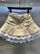 レース花縁付きハイウエストデニムスカート【スタイリッシュ・フレアデザイン・春夏用】（セットア  ップ対応）