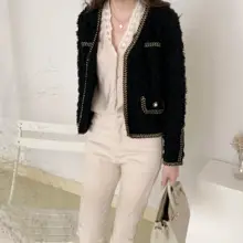 レディース 春秋用ニットカーディガン【ショート丈・ウール・フリンジデザイン・長袖】