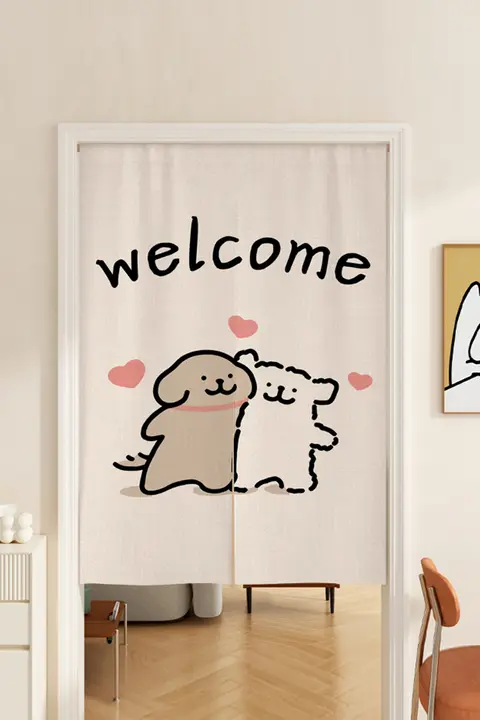 可愛い犬のイラスト入りカーテン【穴あけ不要・寝室用・インテリア装飾】