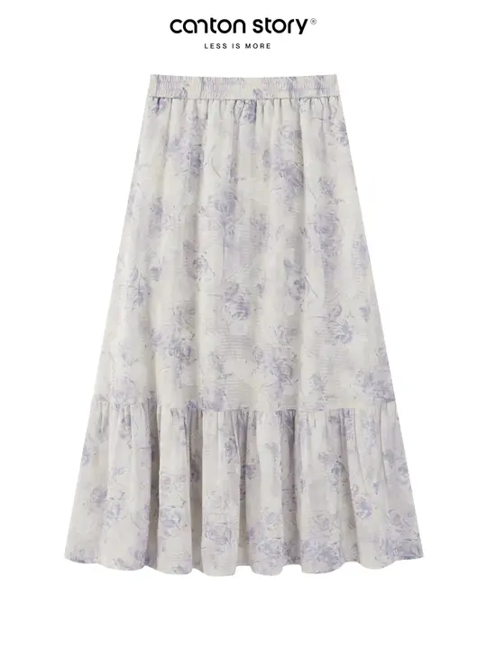 甘美な花柄の紫色ロングスカート【春夏用・ゆったりサイズ・体型カバー】
