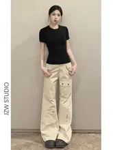 多ポケットデザインのカフェカラー高腰ワイドレッグ作業パンツ【春用・フィット・ストレートデニム】