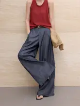 デニムノースリーブトップスとワイドレッグパンツ【夏用・単ボタン・ルーズフィット】【セットアップ対応】