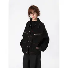 春秋向けユニセックスヴィンテージデニムジャケット【ストリートスタイル・ワイドフィット・多ポケット】