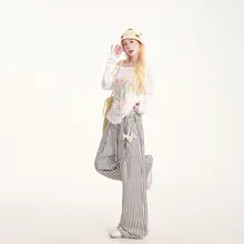 ストライプデザインのフィットワイドパンツ【ドローストリング・カジュアル・レディース】