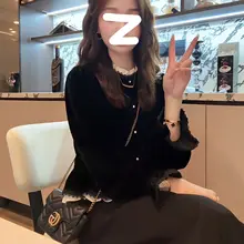 フランス風 レース切り替えサテンシャツ【秋春用・レディース・おしゃれ】