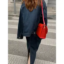 ハイウエストデニムミディスカート【ブルー・秋冬・小柄向け】（セットアップ対応）