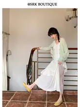 Vネックニットカーディガン【緑・マハイ毛・スタイル・細見え効果】（セットアップ対応）