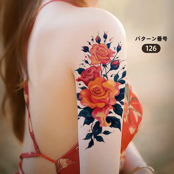 オレンジローズのカラフルフラワータトゥーシール【防水・おしゃれな雰囲気】