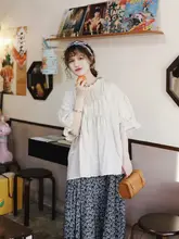 レトロデザインのフリル付きブラウス【コットンリネン・夏用・ゆったりシルエット】