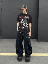 半袖Tシャツ ユニセックス アメカジ ヴィンテージ ダーク ハイストリート ブラック クロップド ワイドシルエット