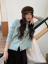 カラフルなボタン付き翻領ブルーセーターカーディガン【冬用・女性用・韓国風】