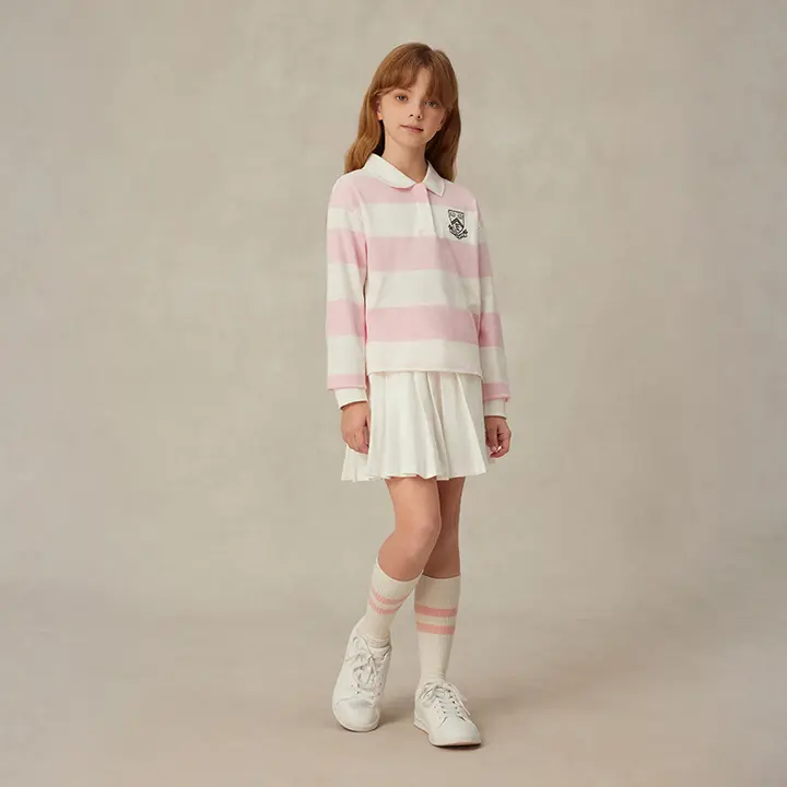 刺繍ストライプデザインの長袖POLOシャツ【女の子用・春秋向け・コットン】