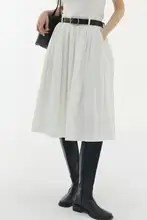 白色抽褶Aラインミディスカート【綿・春夏用・快適な着心地】（セットアップ対応）