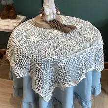 手編みのレトロ風コットンテーブルクロス【田園スタイル・メッシュデザイン・米白色・正方形】