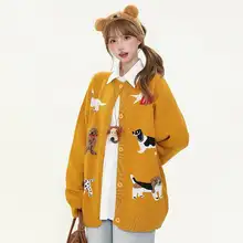 YIKOJIA カートゥーンデザイン犬柄ニットカーディガン【丸首・春秋用・ルーズフィット・カップル向け】