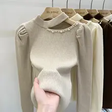 半高ネックニットセーター【秋冬・肩出しデザイン・透かし編み】