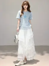 白色メッシュフラワーレースハイウエストAラインシフォンスカート【フレア・ロング丈】