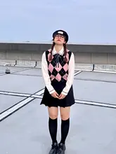 秋用Vネック菱格編みニットベスト【学院風・大きいサイズ】