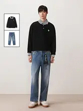 セットアップ メンズ フェイクレイヤード スウェット デニムパンツ ヴィンテージウォッシュ 通勤 オフィスカジュアル「GXG」