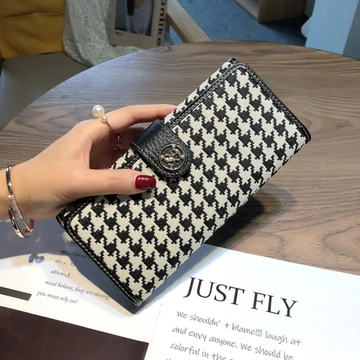 おしゃれな千鳥格デザインのロング財布【スマホ対応・本革ハンドバッグ付き】
